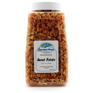 A jar of sweet potato chips (19.5 oz) on a white background.