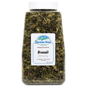 A jar of Harmony House Dried Broccoli Flowerets on a white background.