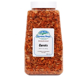 Harmony House Dried Carrots (15 oz) jar on white background.