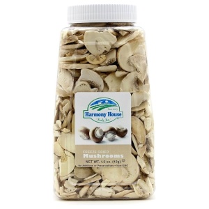 A jar of Freeze Dried Mushrooms on a white background.