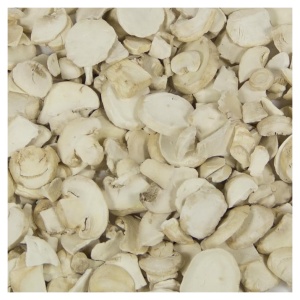 A pile of Harmony House freeze dried mushrooms on a white surface.