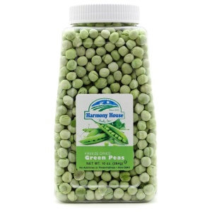 Harmony House Freeze Dried Green Peas in a jar on a white background.