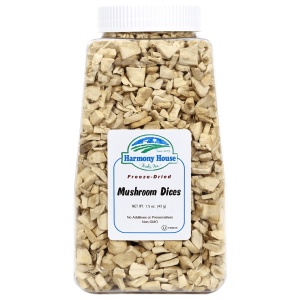 A quart jar of Harmony House Freeze-Dried Mushroom Dices, offering 16 servings, showcased on a white background.
