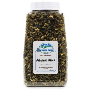 A jar of Harmony House Dried Jalapeno Dices (6 oz) on a white background.