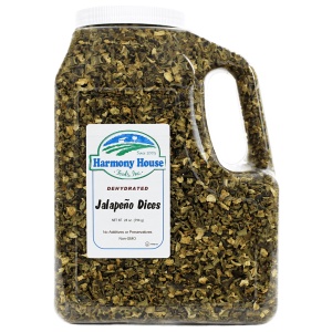 A gallon of Harmony House Dried Jalapeno Dices on a white background.