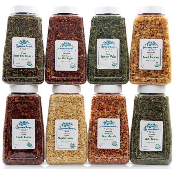 A group of Quart Size jars with different kinds of spices, including Harmony House Organic Vegetable Pantry Stuffer (8 Varieties).