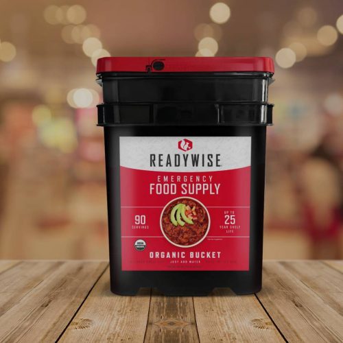 A red container with a red lid, certified organic food storage.