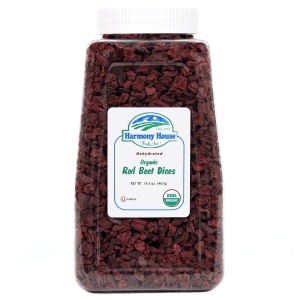 A jar of Harmony House Organic Dried Red Beet Dices on a white background.