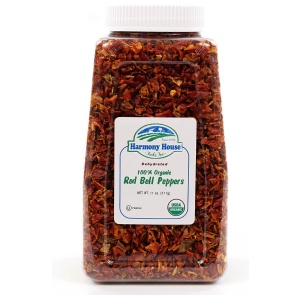 Harmony House Organic Dried Red Bell Peppers (11 oz) jar on a white background.