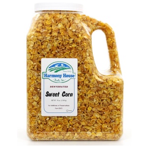 A jug of Harmony House Dried Corn on a white background.