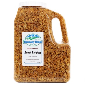 A 64 oz jug of dried sweet potatoes.