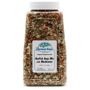 A jar of British soup mix on a white background with Harmony House Beefish Soup Mix.