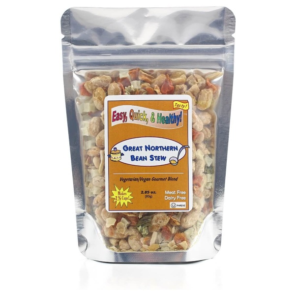 A bag of Harmony House Great Northern Bean Stew (2.85 oz) containing vegetables and meat.