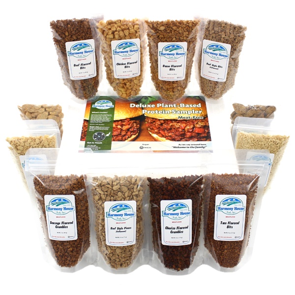 A variety of different kinds of snacks are shown on a white background, featuring the Harmony House Deluxe Plant-Based Protein Sampler.