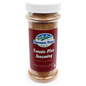A jar of tomato pie seasoning for emergency food storage purposes on a white background.
