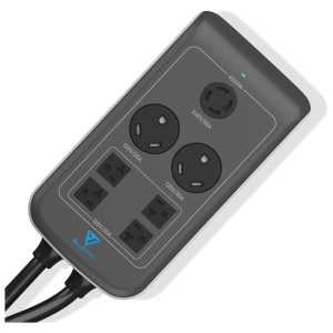 A power strip with four outlets for emergency food storage.