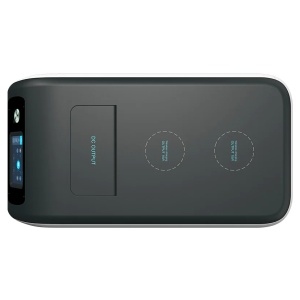 The back of a black phone with two buttons on it is suitable for emergency food storage.