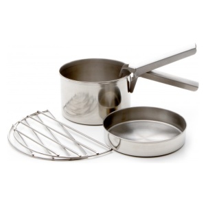 A set of emergency food storage pots and pans made of stainless steel on a white background.