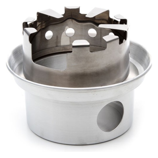 A stainless steel pot with holes for emergency food storage on a white background.