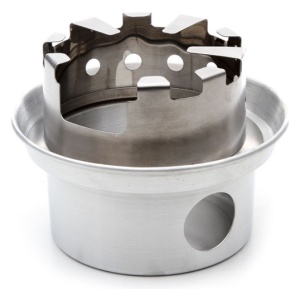 A stainless steel pot with holes in it for emergency food storage on a white background.