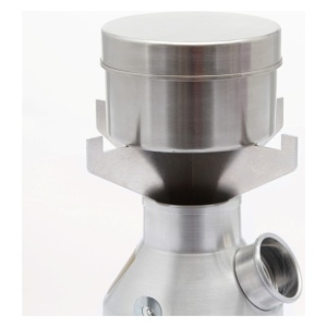 A stainless steel sifter with a lid for emergency food storage on a white background.
