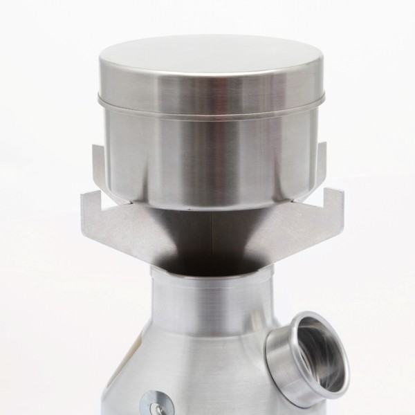 A stainless steel sifter with a lid for emergency food storage on a white background.