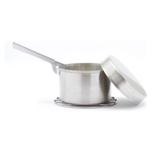 A stainless steel pot with a lid for emergency food storage on a white background.