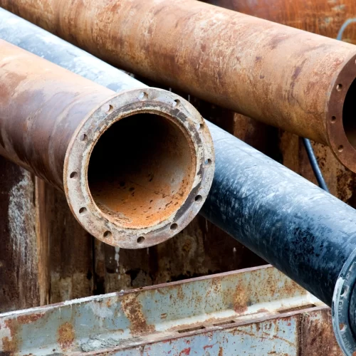 A group of rusty pipes adapted for emergency food storage, sitting on top of each other.