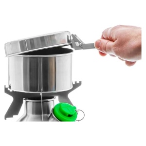 A person holding a stainless steel pot for emergency food storage on a white background.