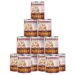 A stack of emergency food storage cans on a white background.