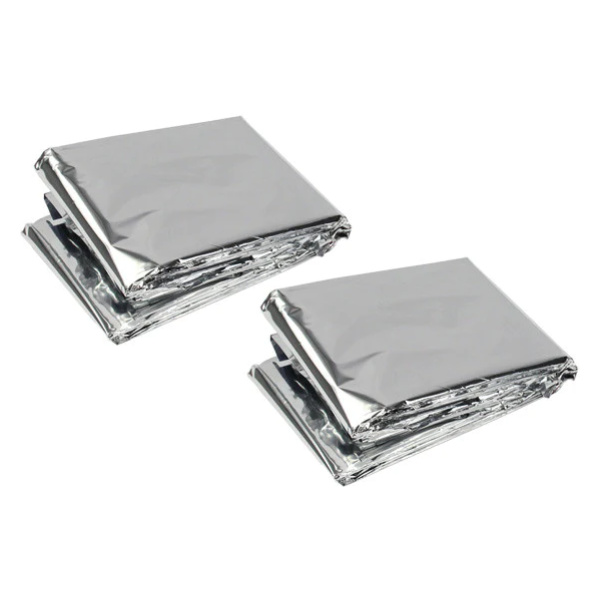 A pair of silver foil Emergency Survival Blankets featuring Frog & Co. design on a white background.