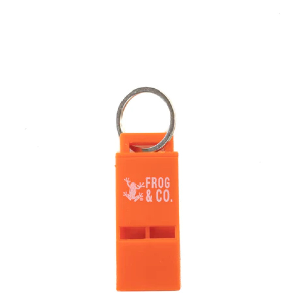 An orange whistle keychain with the word scouts on it, featuring the Micro Scream Whistle.