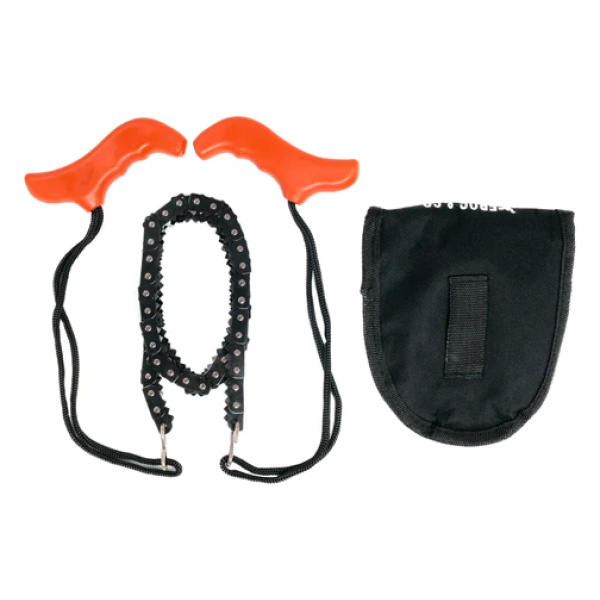 A pair of orange Frog & Co handcuffs and a bag on a white background.