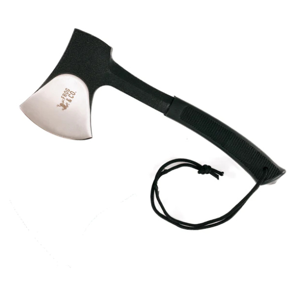 A black ax with a black handle from Frog & Co on a white background.