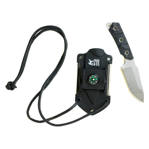 A Survival Neck Knife from Frog & Co. with a compass attached to it.