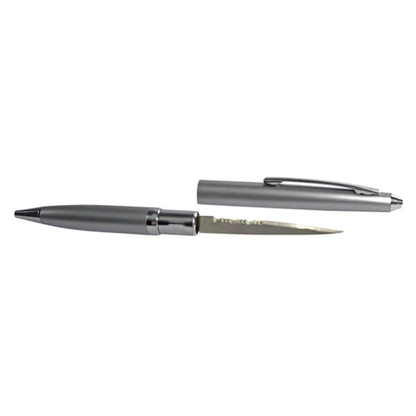 A silver pen with a clip, perfect for everyday use, now enhanced with a Tactical Pen Knife from Frog & Co.
