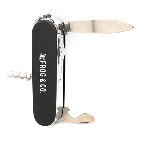 A Frog & Co. swiss army knife on a white background.