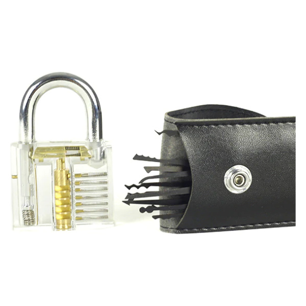 A black leather case with a padlock and a set of keys from Frog & Co., featuring the Ultimate Access Lock Pick Set.