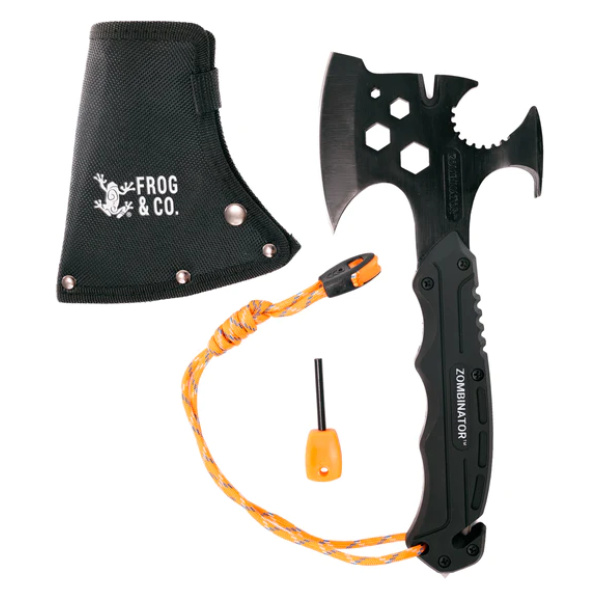 A black and orange Zombinator Survival Hatchet with a rope attached to it.