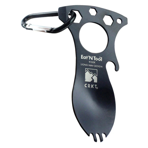 A black carabiner with a Multi Purpose Survival Tool attached to it.