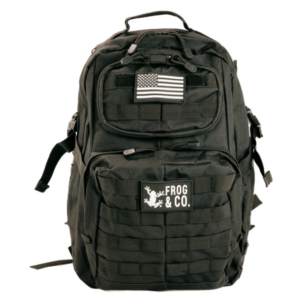 A black Tactical Outdoor Backpack with an American flag on it.