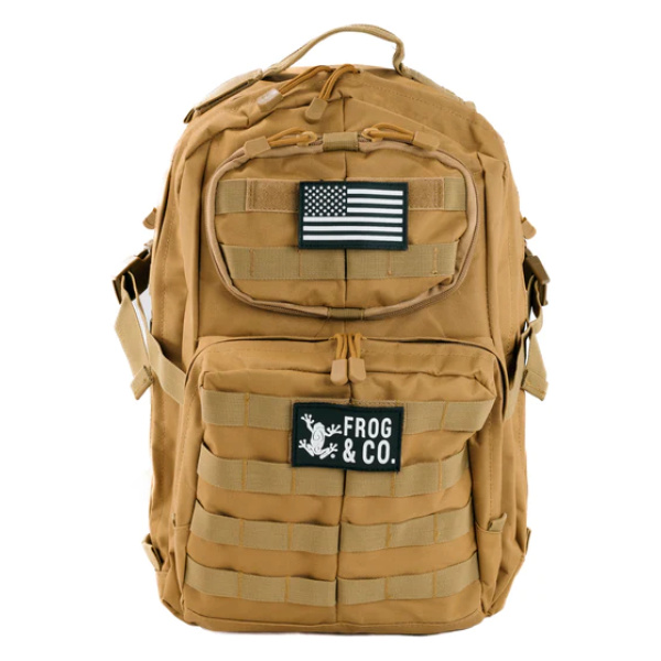 A tan Tactical Outdoor Backpack with an american flag on it.