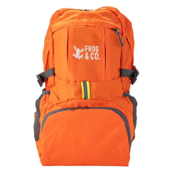 An orange Frog & Co. backpack with a logo on it is available for purchase.